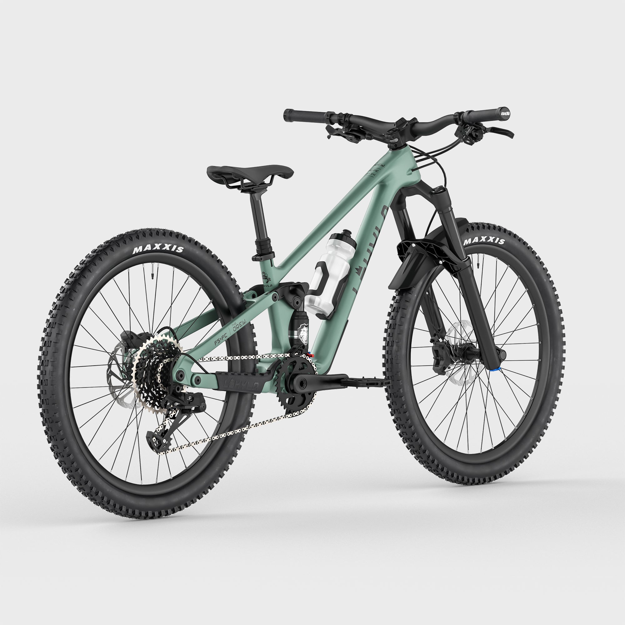 Lahyla Drew 24 kids mountain bike, rear three-quarter view with Manitou Mara shock