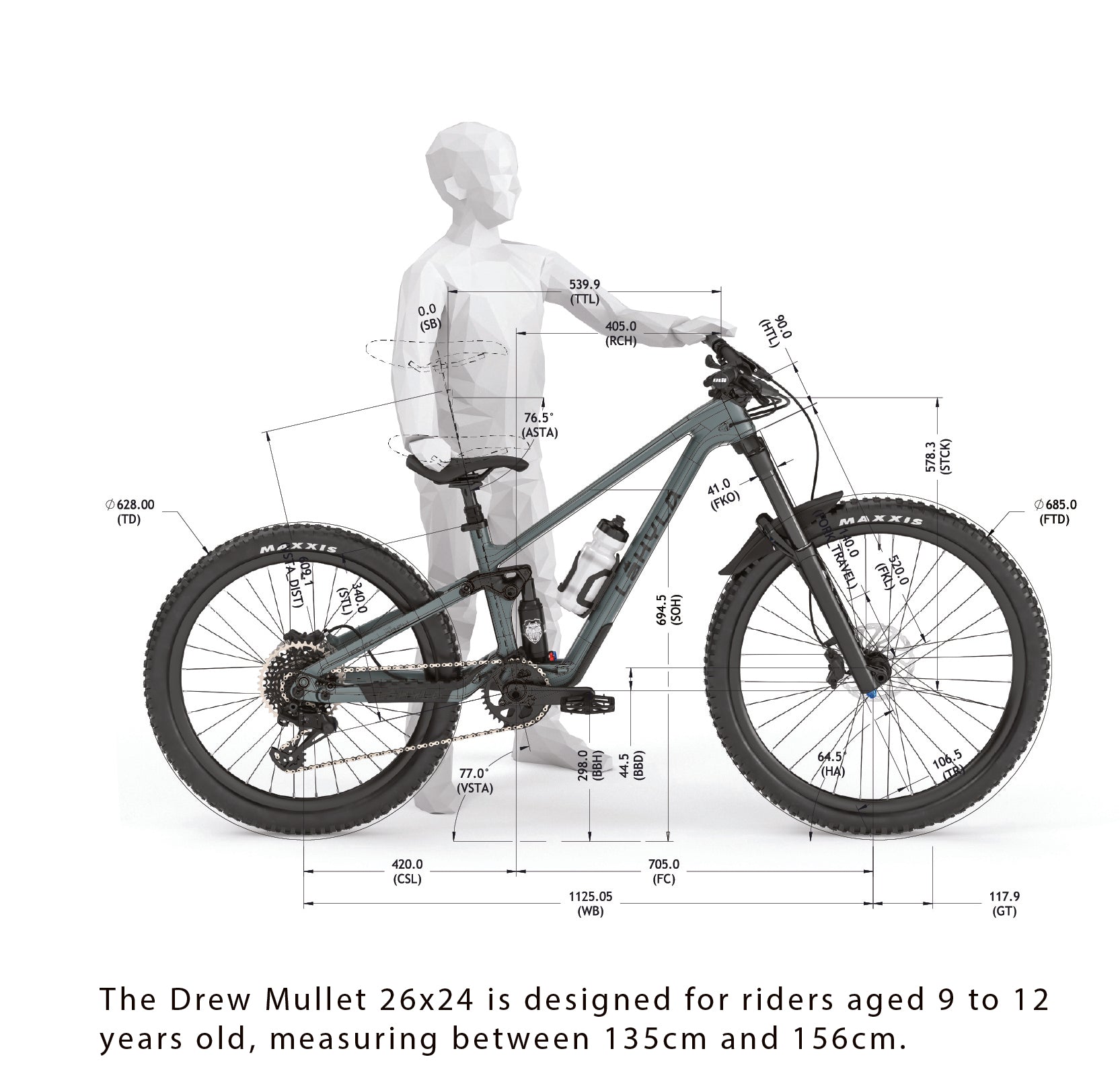 Lahyla Drew Mullet 26x24 size chart, riders 135 to 156 cm